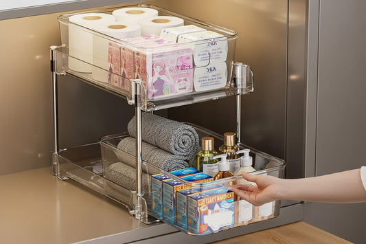 Organizzatore Sotto Lavello a 2 Livelli Scorrevole ed Estraibile – Cestino per Armadietto Cucina e Bagno
