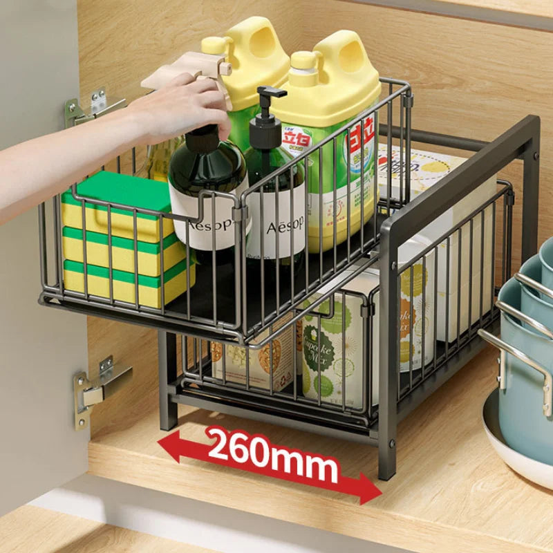 Organizzatore Sotto Lavandino a 2 Livelli con Cestello Scorrevole ed Estraibile – Organizer per Cucina e Bagno