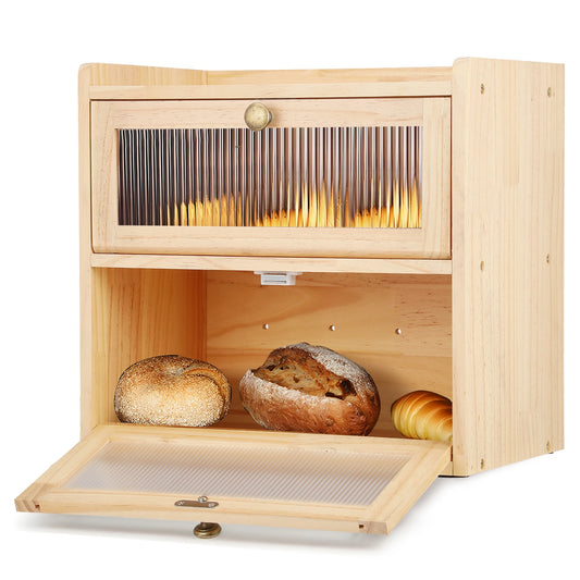 Portapane in Legno Retrò a 2 Piani - Finestra Acrilico Grande Capacità