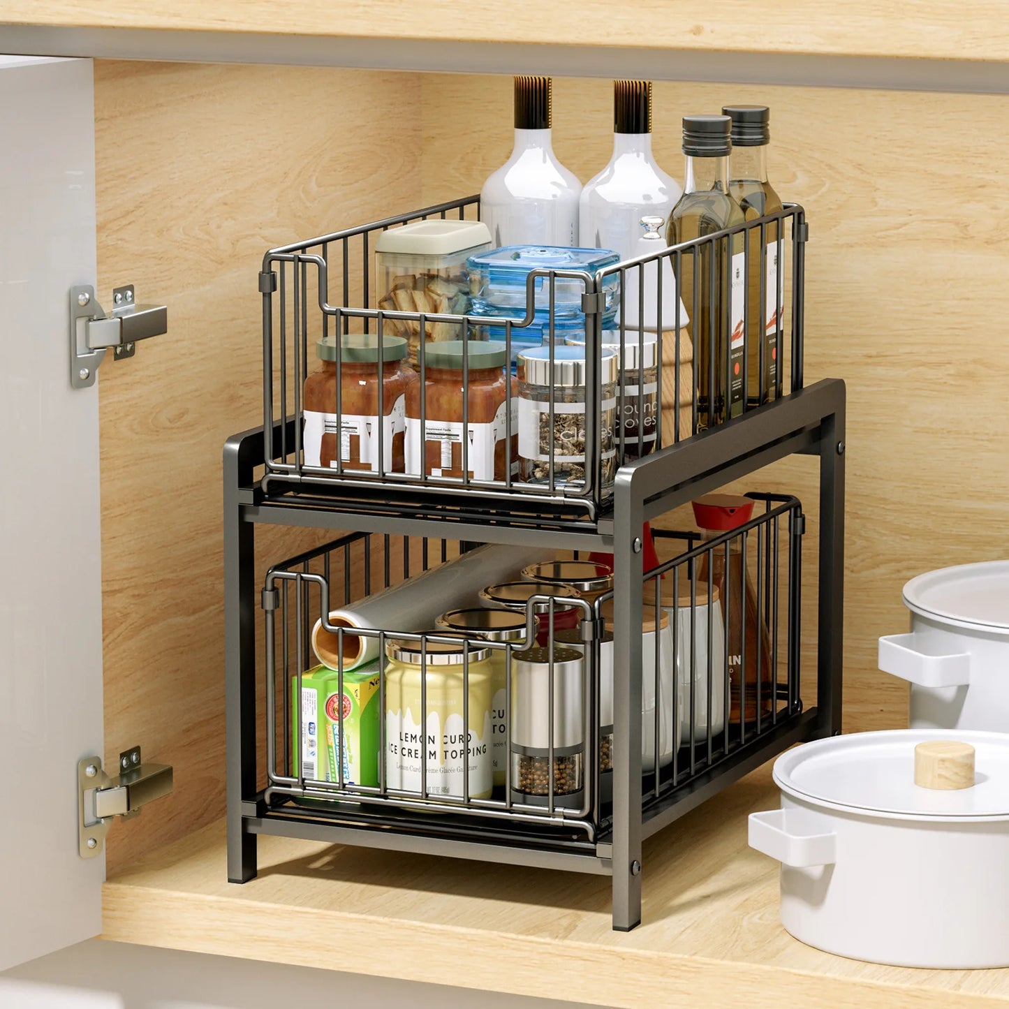 Organizzatore Sotto Lavandino a 2 Livelli con Cestello Scorrevole ed Estraibile – Organizer per Cucina e Bagno