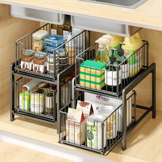 Organizzatore Sotto Lavandino a 2 Livelli con Cestello Scorrevole ed Estraibile – Organizer per Cucina e Bagno