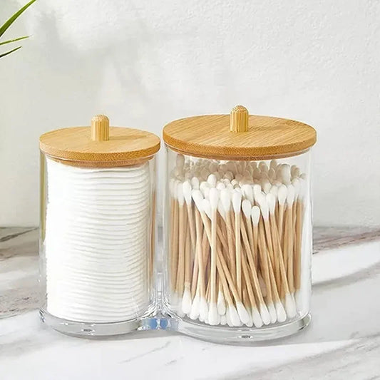 Barattoli Trasparenti con Coperchio Bambù - Organizer Bagno Trucchi Cotone | EasyTidy